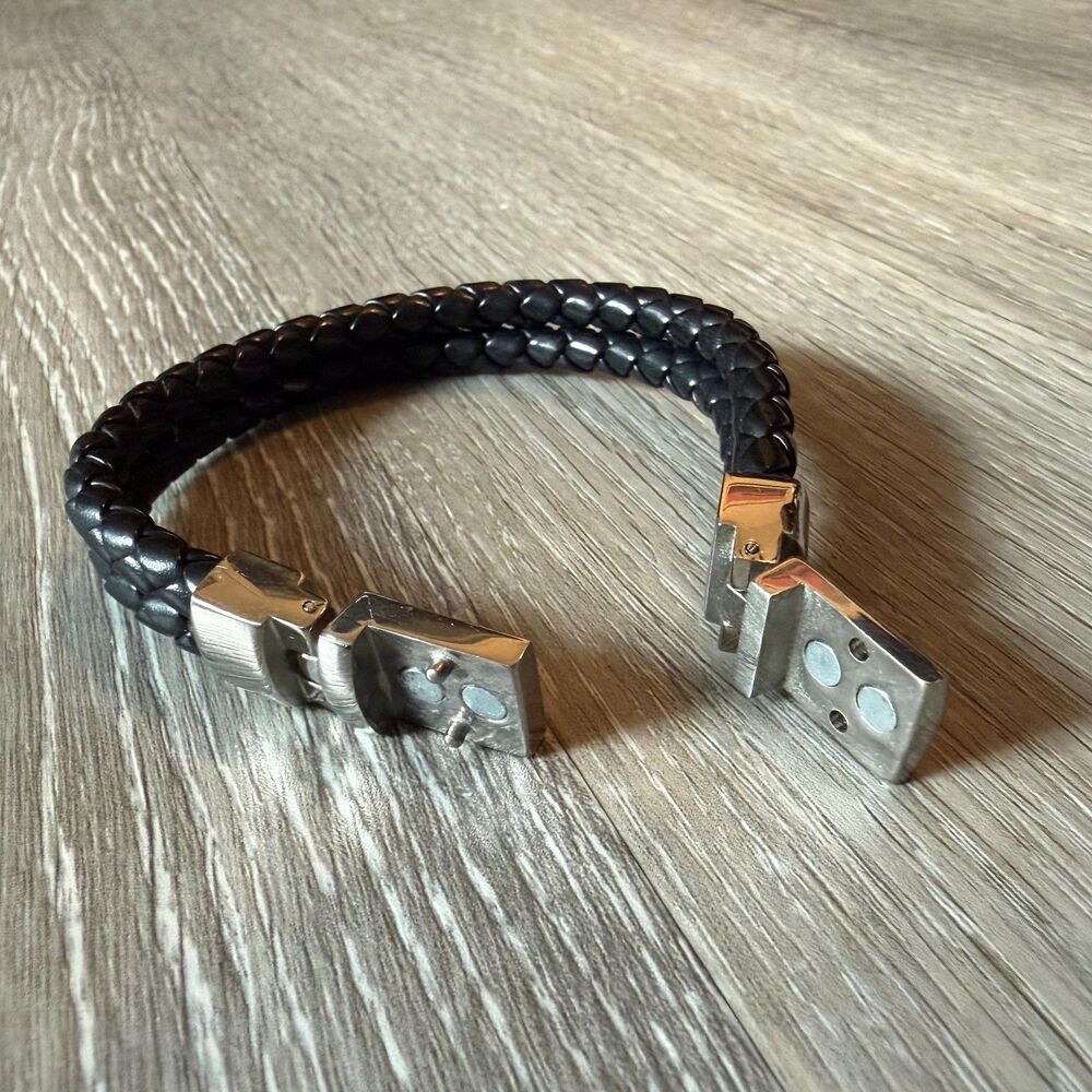 Mens Braided Black Leather Bracelet Double Strand Stainless Steel Clasp - Picture 3 of 3